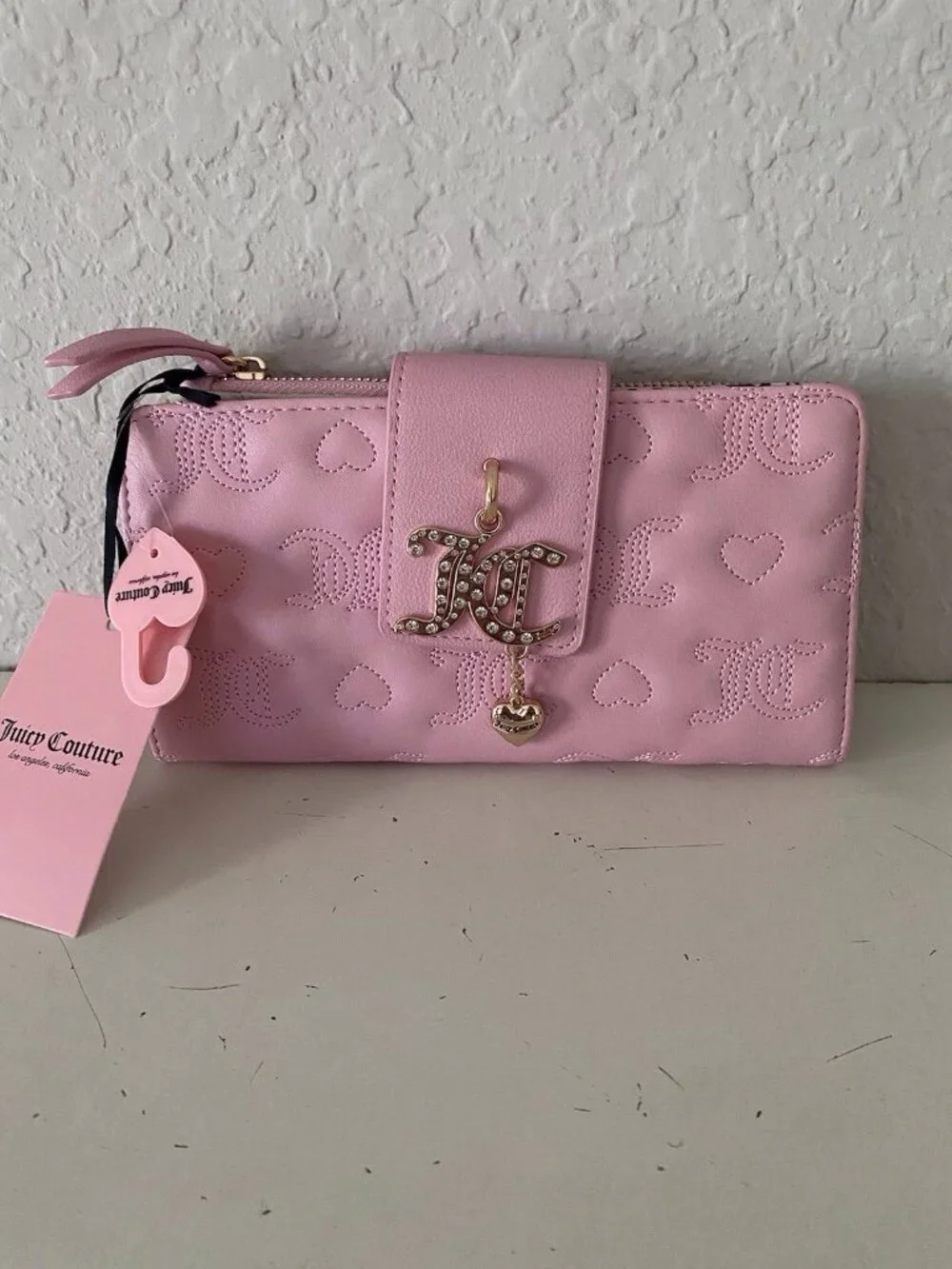 Juicy Couture Everything Nice Bifold Tab Wallet Flamingo Pink W/Logo Charm NEW
